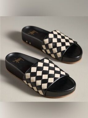 beek Pelican Leather Black and Cream Checkered Slide Sandals